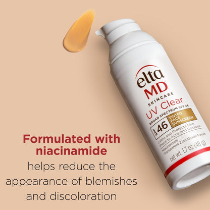 EltaMD Protector Solar Facial con Tinte UV Clear, SPF 46 Libre de Aceite con Óxido de Zinc, Recomendado por Dermatólogos, Relleno de Calcetín