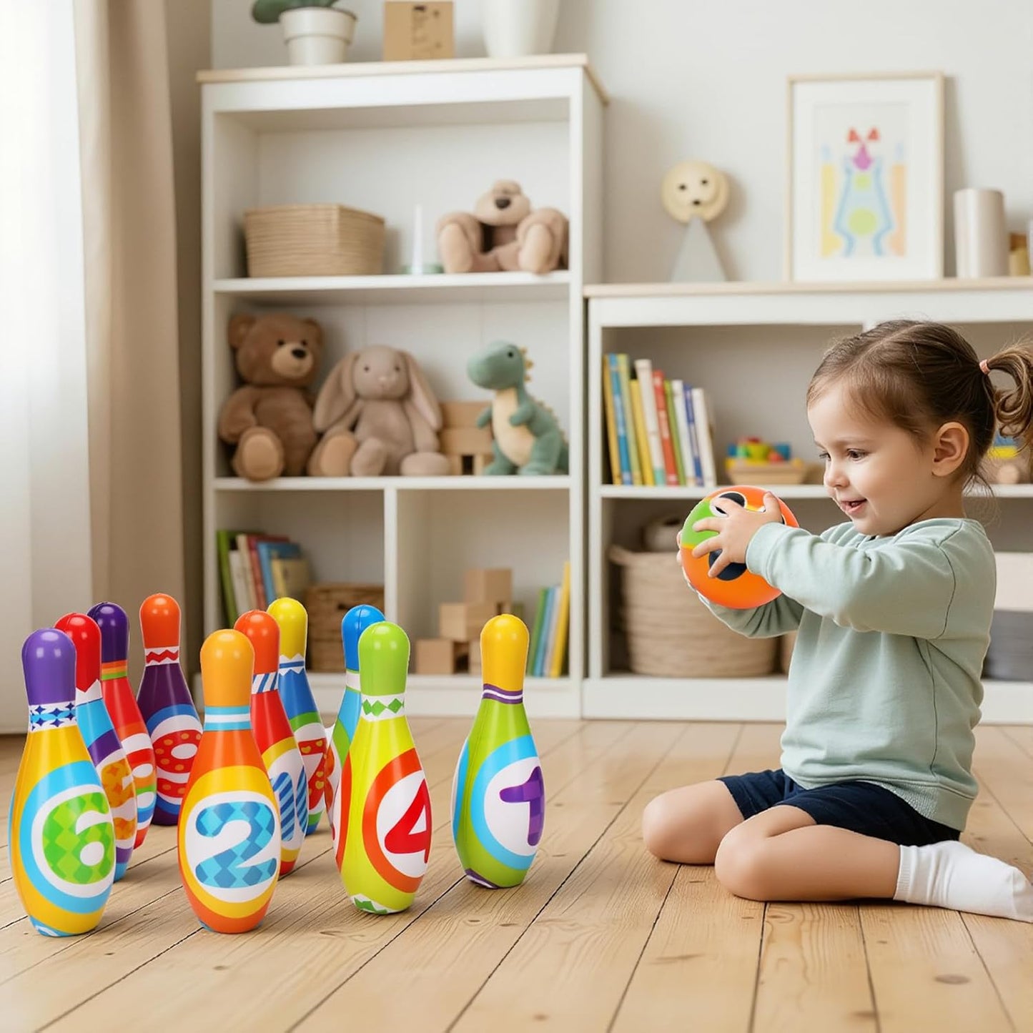 Juego de bolos para niños AugToy 2-5 años, juego de bolos de interior suave para niños de 1, 2, 3, 4 años, niños y niñas, 10 pines de bolos de espuma coloridos, 2 bolas de bolos, juego sensorial de