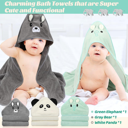 12 toallas de bebé, 3 toallas suaves con capucha y 9 paños de baño, toallas de baño para recién nacidos, bebés y niños pequeños, ultra absorbentes, lindas toallas de bebé de regalo para niños