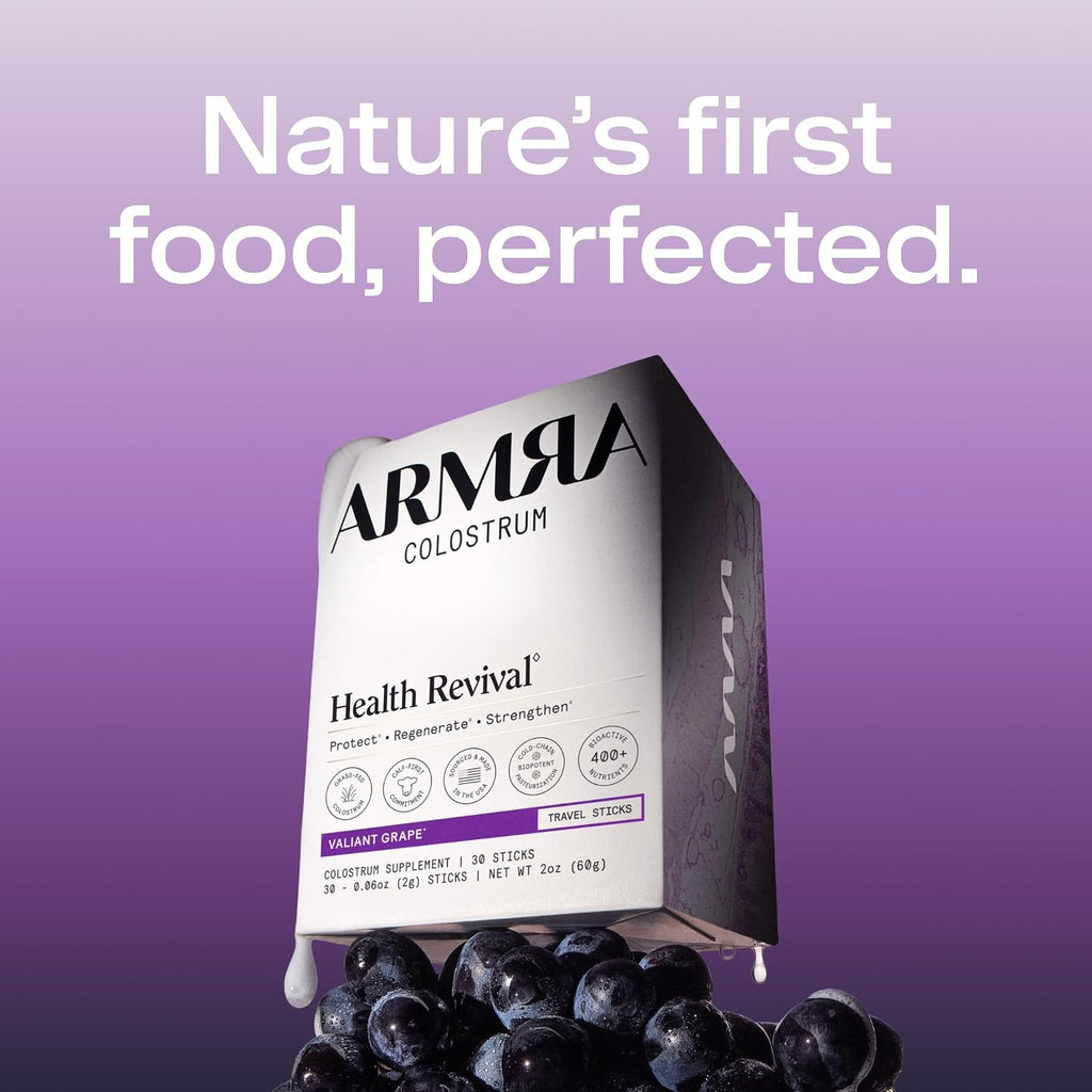 ARMRA Polvo de calostro | Valiant Grape | Salud intestinal e hincha...