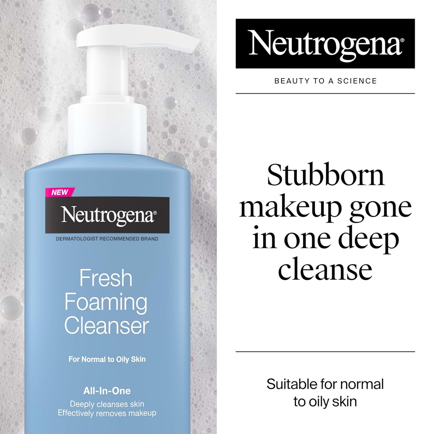 Neutrogena Limpiador facial de espuma fresca, removedor de maquillaje todo en uno para piel normal a grasa, limpia profundamente y elimina el maquillaje impermeable, sin jabón, no comedogénico, 8.5