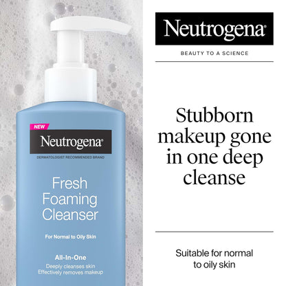 Neutrogena Limpiador facial de espuma fresca, removedor de maquillaje todo en uno para piel normal a grasa, limpia profundamente y elimina el maquillaje impermeable, sin jabón, no comedogénico, 8.5