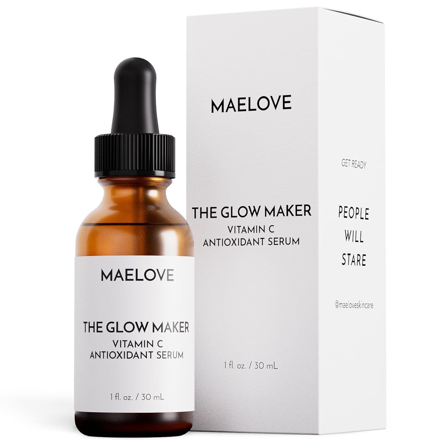 MAELOVE Glow Maker - Suero de vitamina C con vitamina E, ácido ferúlico y ácido hialurónico, galardonado suero facial iluminador e hidratante, sin perfume, 1.0 onzas líquidas