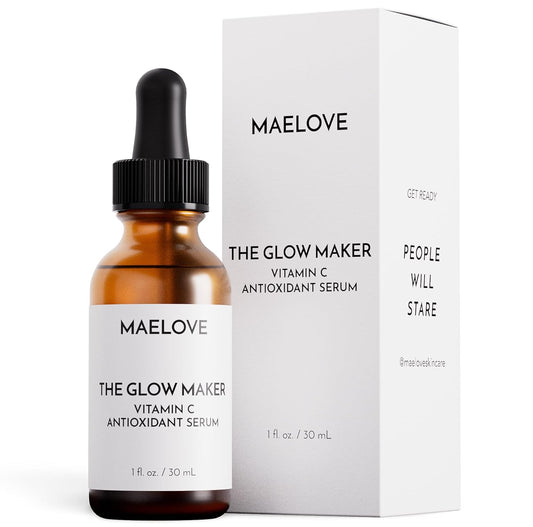 MAELOVE Glow Maker - Suero de vitamina C con vitamina E, ácido ferúlico y ácido hialurónico, galardonado suero facial iluminador e hidratante, sin perfume, 1.0 onzas líquidas