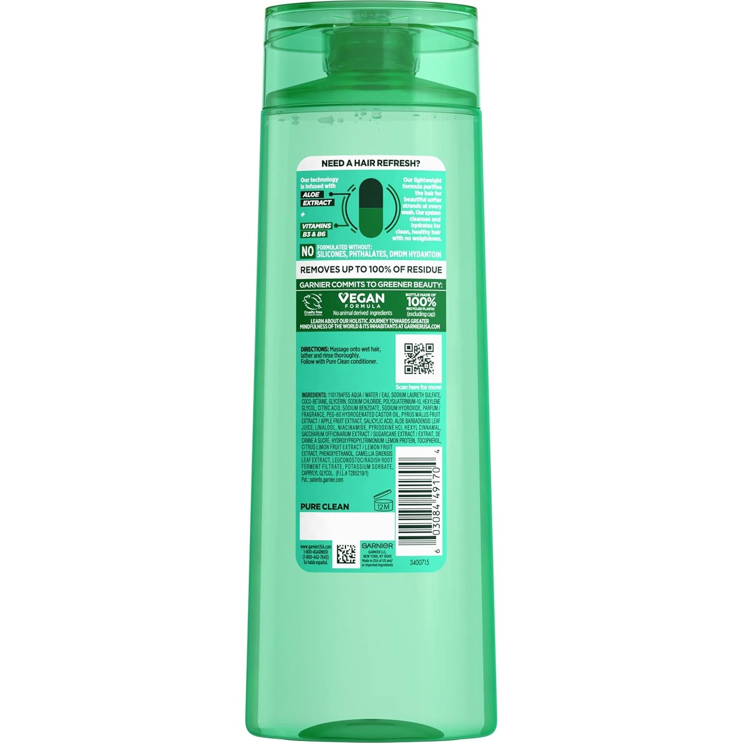 Garnier Fructis Pure Clean Champú purificador, sin silicona, 12.5 o...