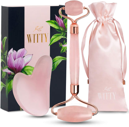 WITTY Rodillo de cuarzo rosa para cara, piedra Gua Sha en caja de r...