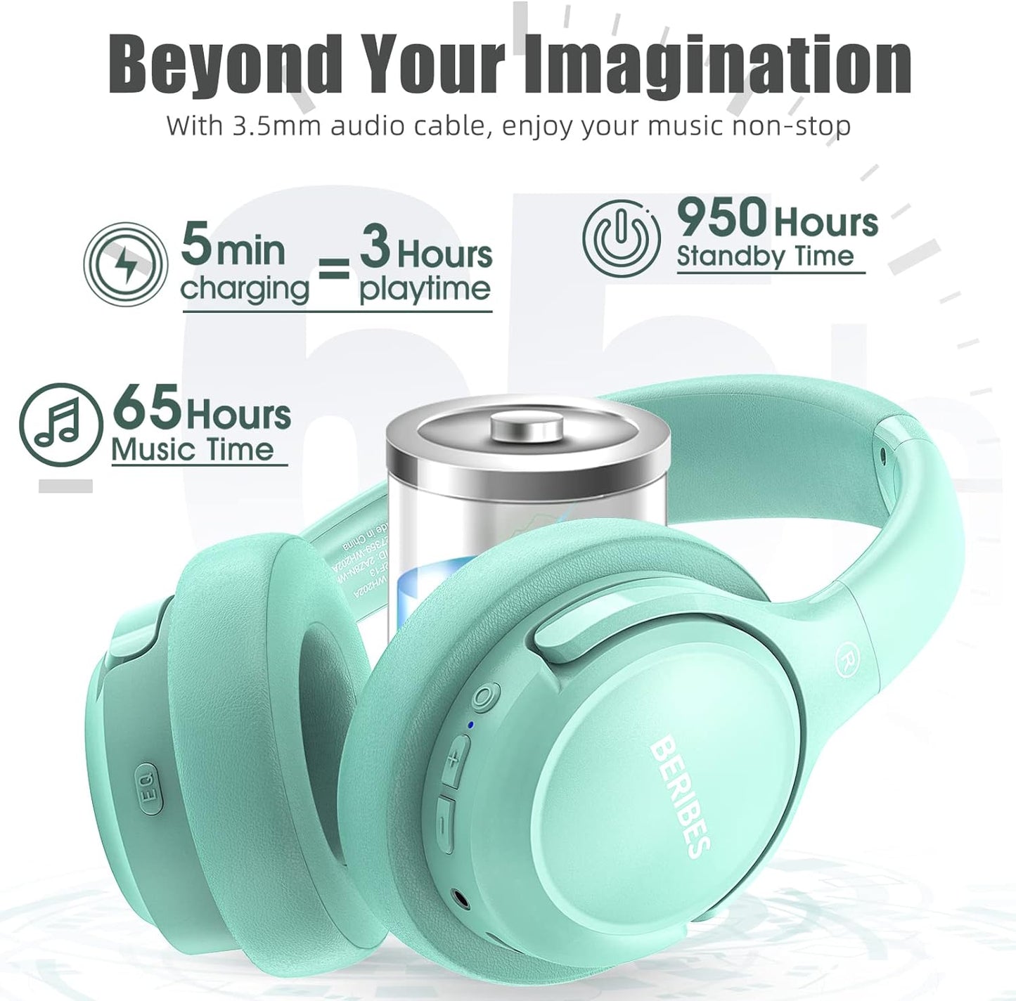 BERIBES Auriculares Bluetooth sobre la oreja, tiempo de reproducció...