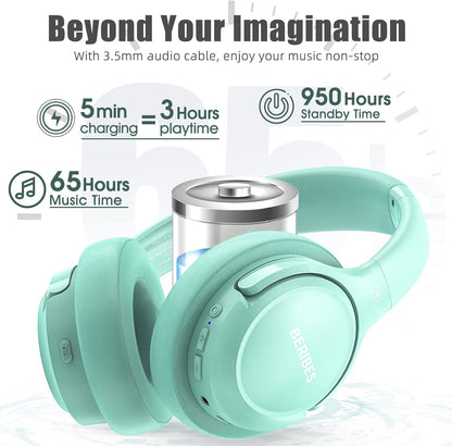 BERIBES Auriculares Bluetooth sobre la oreja, tiempo de reproducció...