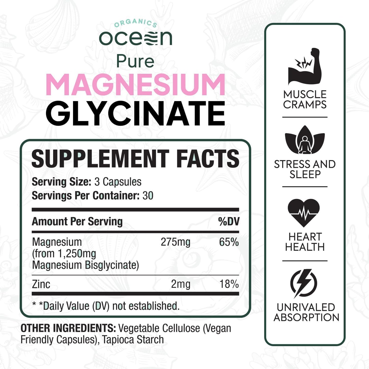 Organics Ocean Glicinato de magnesio puro con zinc, suplemento de m...