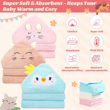 12 toallas de bebé con capucha, toallas suaves para bebé, toallas de baño absorbentes, 3 toallas de bebé y 9 paños de bebé para recién nacidos, niños pequeños y niños, toallas de bebé de 32 x 32