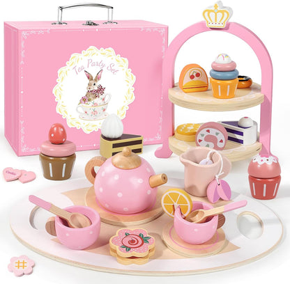 Juego de té de madera para niñas pequeñas, regalos para niñas peque...