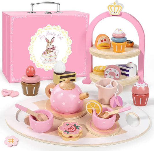 Juego de té de madera para niñas pequeñas, regalos para niñas peque...