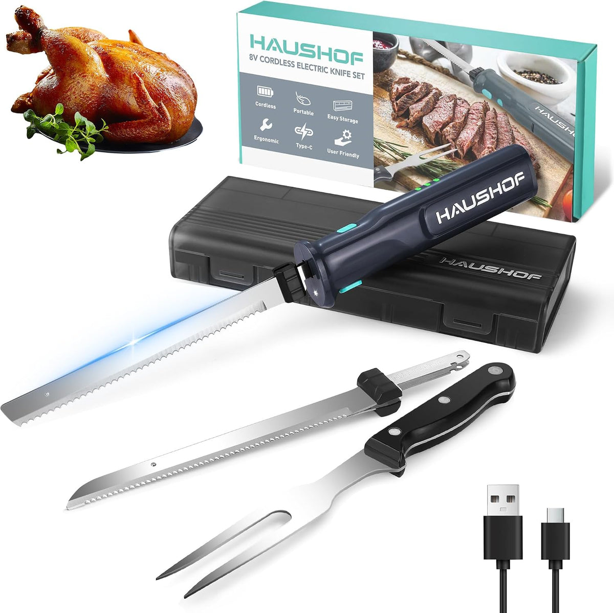HAUSHOF Juego de cuchillos eléctricos inalámbricos con estuche de |...