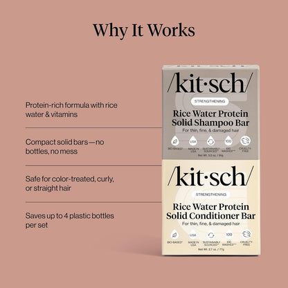 Kitsch Champú y acondicionador sólido de proteína de agua de arroz para el crecimiento del cabello – Dúo fortalecedor del cuidado del cabello con proteína de arroz y vitaminas para reparación de daños – Sin parabenos, sulfatos y silicona, fabricado en Est