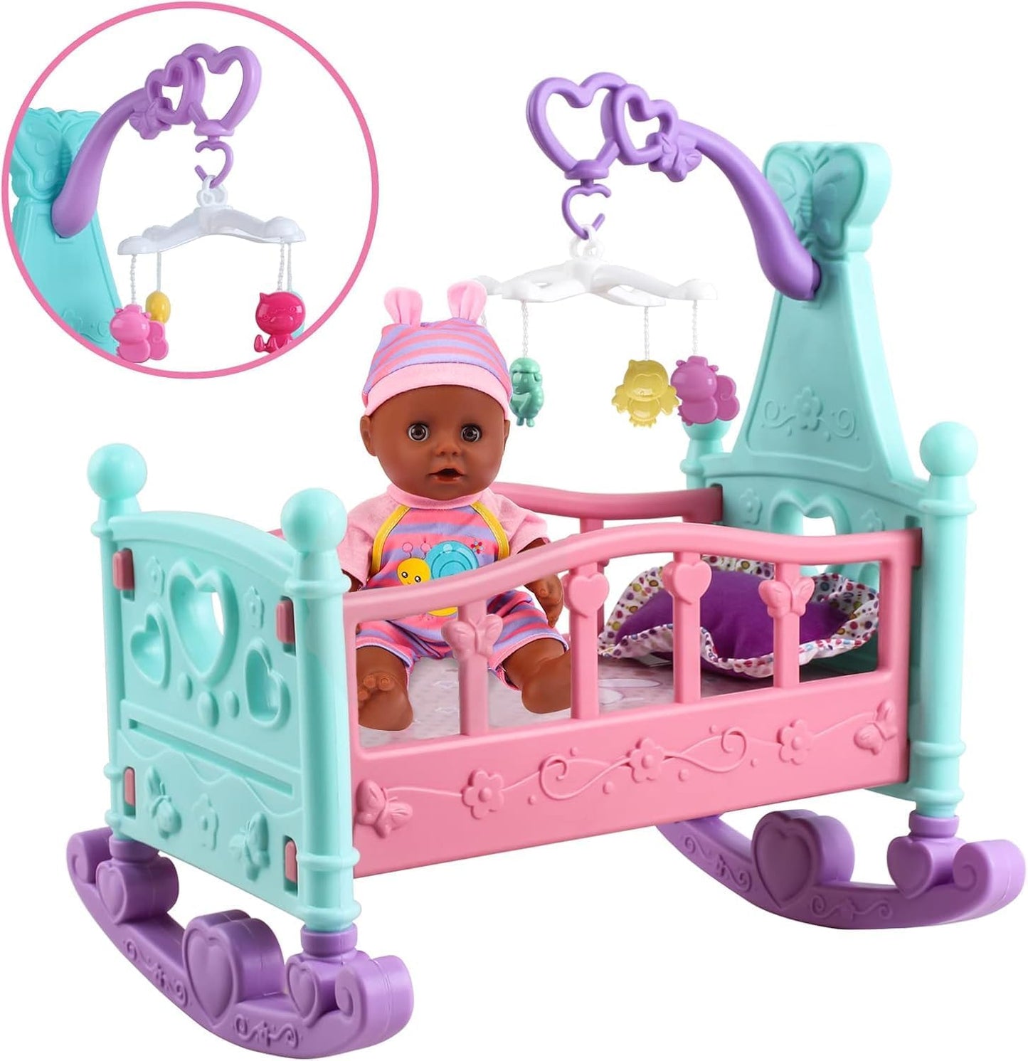 deAO Conjunto de Muñeca Bebé Negra - Móvil, Silla Alta, Cochecito y...