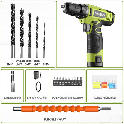 PULITUO Juego de taladro inalámbrico de 12 V verde, kit de taladro...