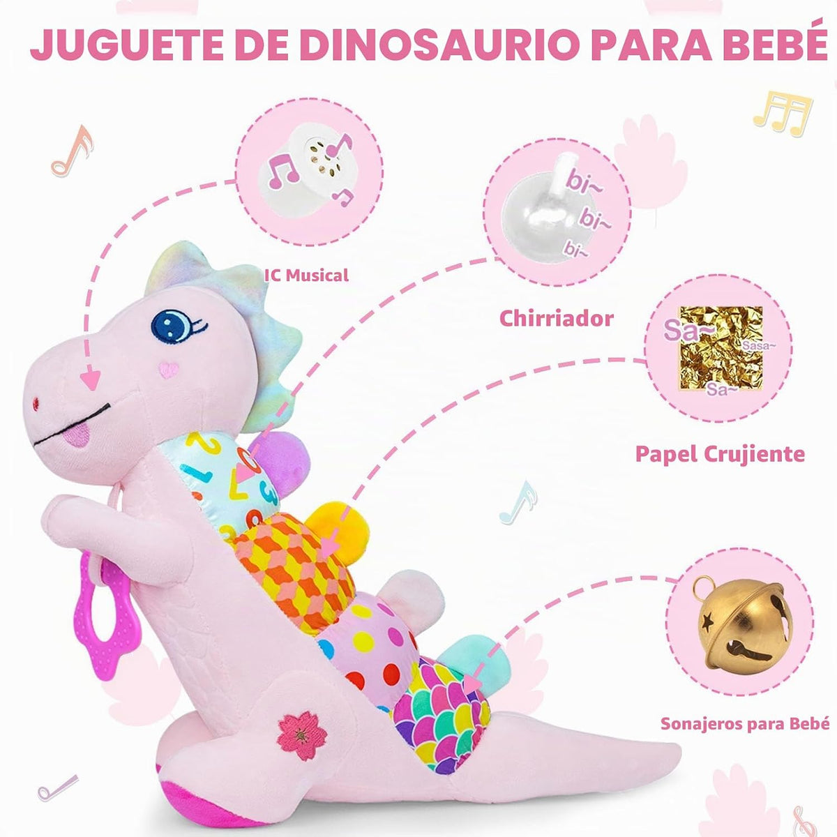 Juguetes musicales de dinosaurio para bebés de 0-3-6-9-12 meses, ju...
