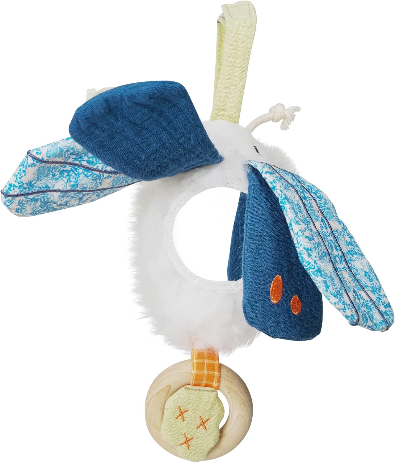 Manhattan Toy Folklore Plush Luna Moth Soft Touch Baby Travel Toy con alas de tela arrugada, espejo de bebé y anillo de mordedor de madera