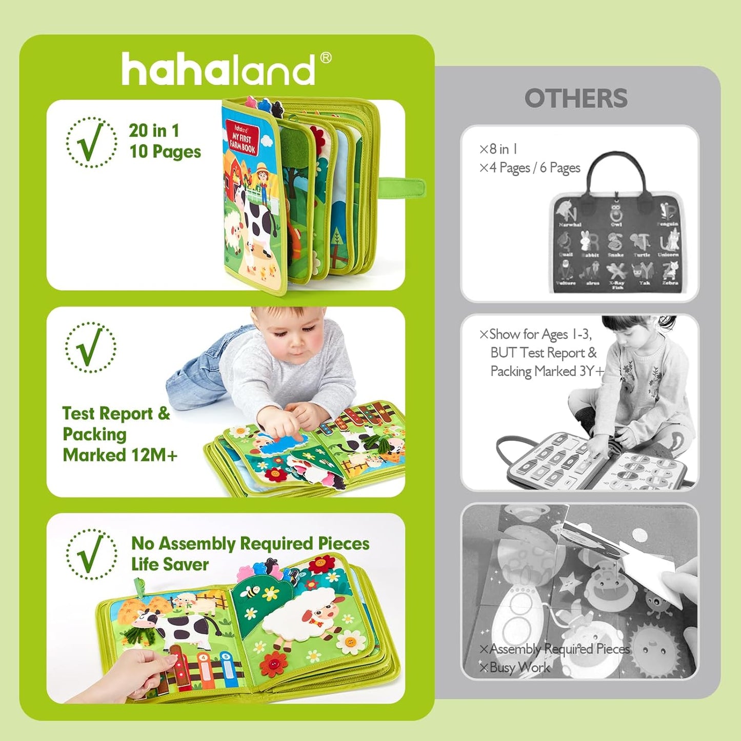 hahaland Libro de actividades para niños pequeños de 1 a 3 años, tablero de actividades Montessori Toys para niños de 1, 2, 3, 4 años, regalo de cumpleaños, libro de actividades silencioso 20 en 1 con