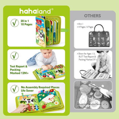 hahaland Libro de actividades para niños pequeños de 1 a 3 años, tablero de actividades Montessori Toys para niños de 1, 2, 3, 4 años, regalo de cumpleaños, libro de actividades silencioso 20 en 1 con