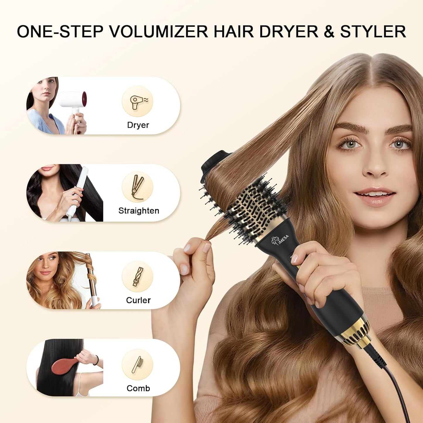 Secador de pelo 4 en 1, cepillo secador de pelo, cepillo de aire caliente de 1000 W, secador de pelo voluminizador de un solo paso y estilizador, temperatura de 3 velocidades, moldeador de aire