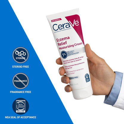 CeraVe Crema hidratante para aliviar el eccema con avena coloidal, manteca de karité y vitamina E para piel seca y alivio de picazón en la piel, sin esteroides y sin parabenos, 8 onzas