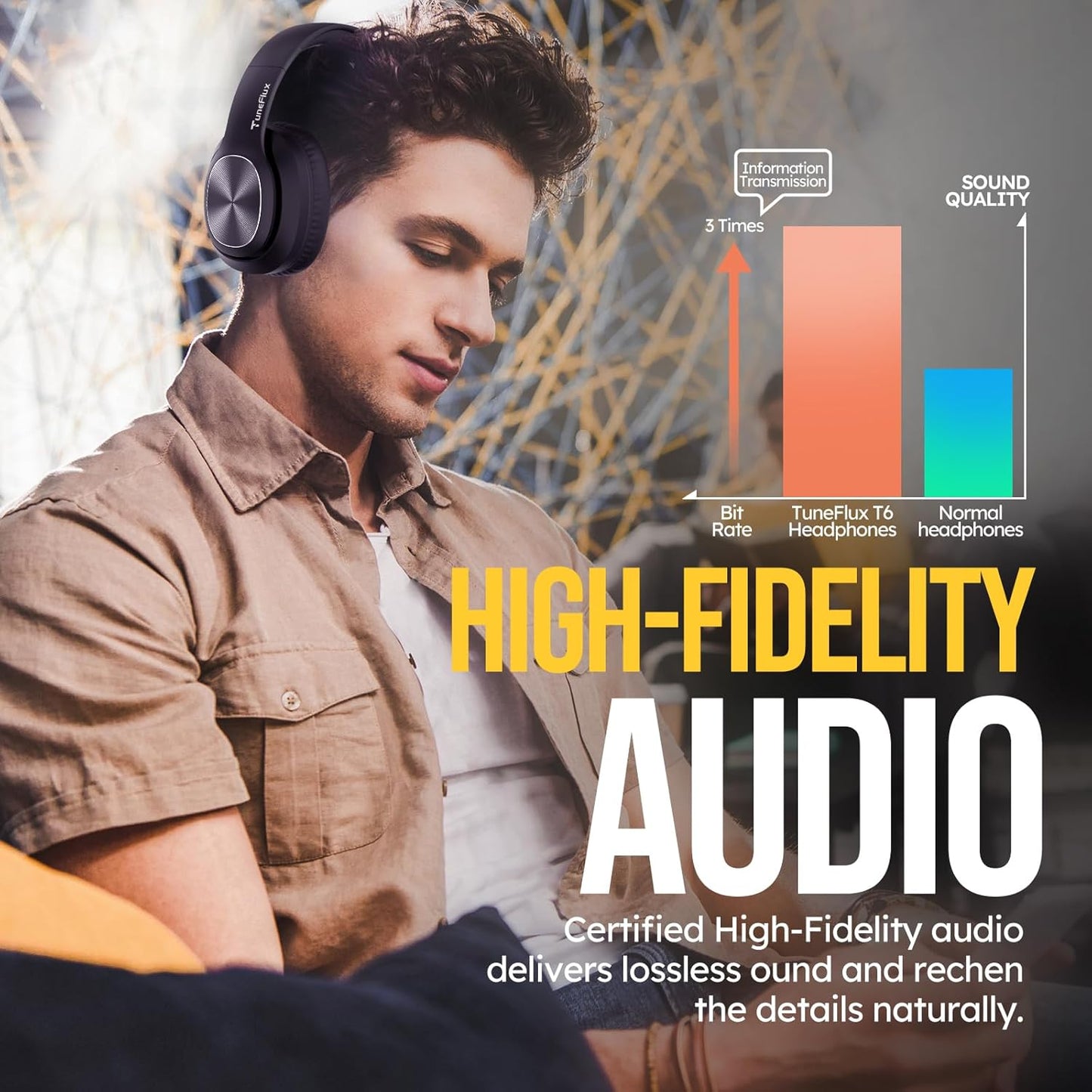 TuneFlux Auriculares inalámbricos Bluetooth sobre la oreja, tiempo...