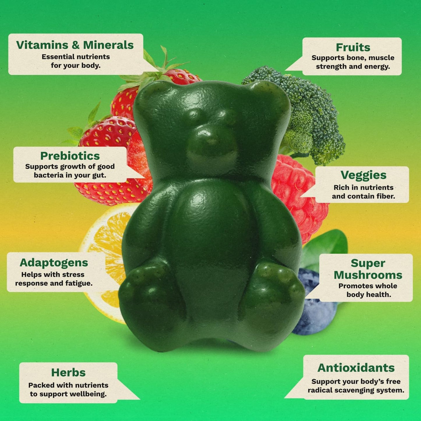 Gruns Gomitas Super Greens Sin Azúcar para Adultos, Ositos de Goma...
