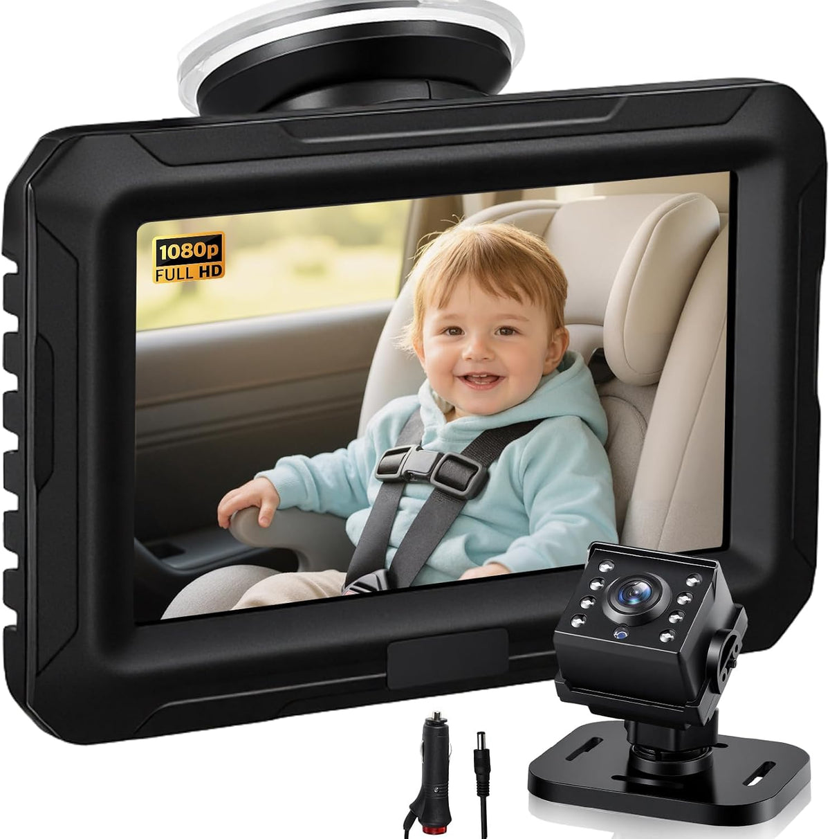 Zacro Cámara de coche para bebé con visión nocturna HD 1080P, 4.3 p...