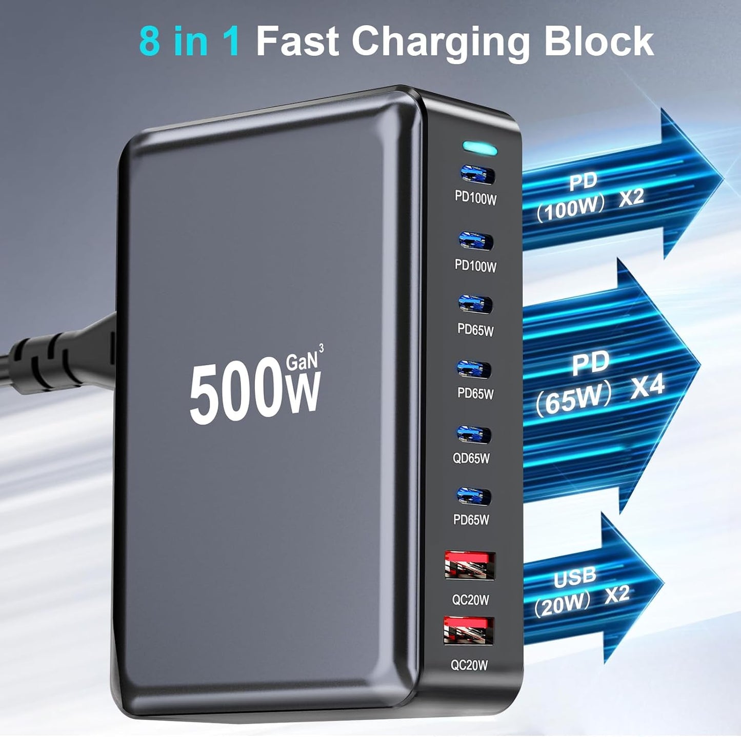 Bloque de carga rápida USB C de 500 W, estación de carga USB multip...
