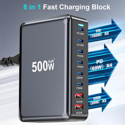 Bloque de carga rápida USB C de 500 W, estación de carga USB multip...