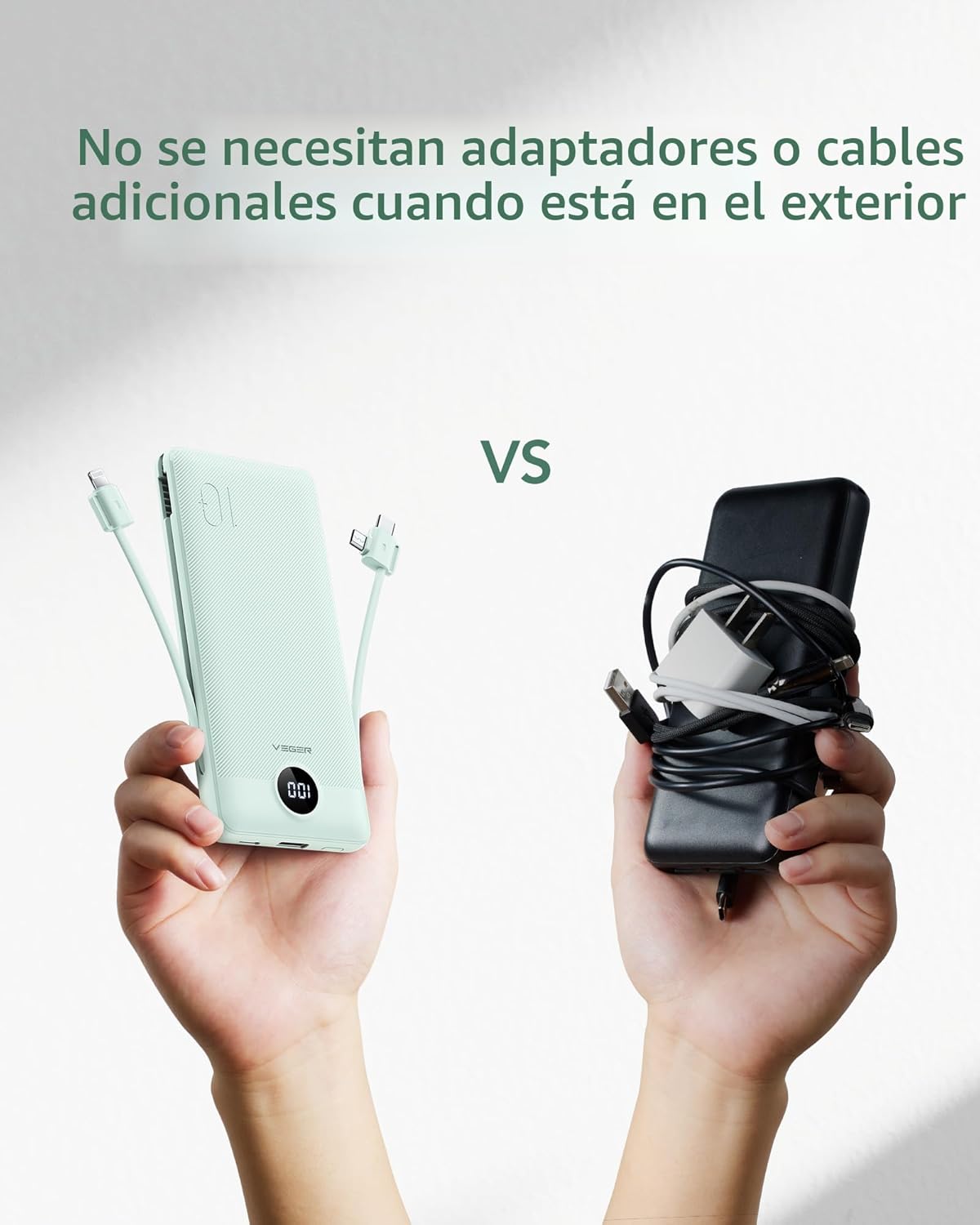 VEGER Cargador portátil con enchufe AC incorporado y cables, banco...