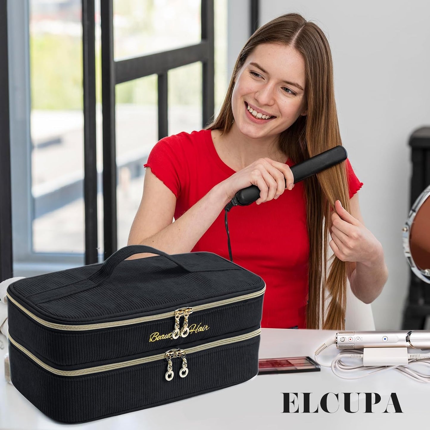 ELCUPA Estuche de viaje para herramientas de cabello de doble capa...