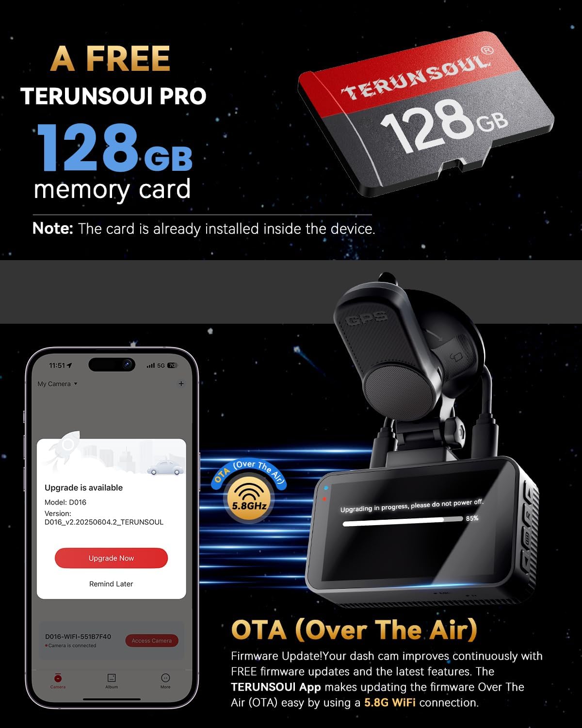 Cámara de tablero frontal y trasera 4K+4K, tarjeta gratuita de 128 GB incluida, cámara WiFi de 5.8 GHz para autos, GPS integrado, sensor G, gran angular de 170°, pantalla IPS de 3 pulgadas