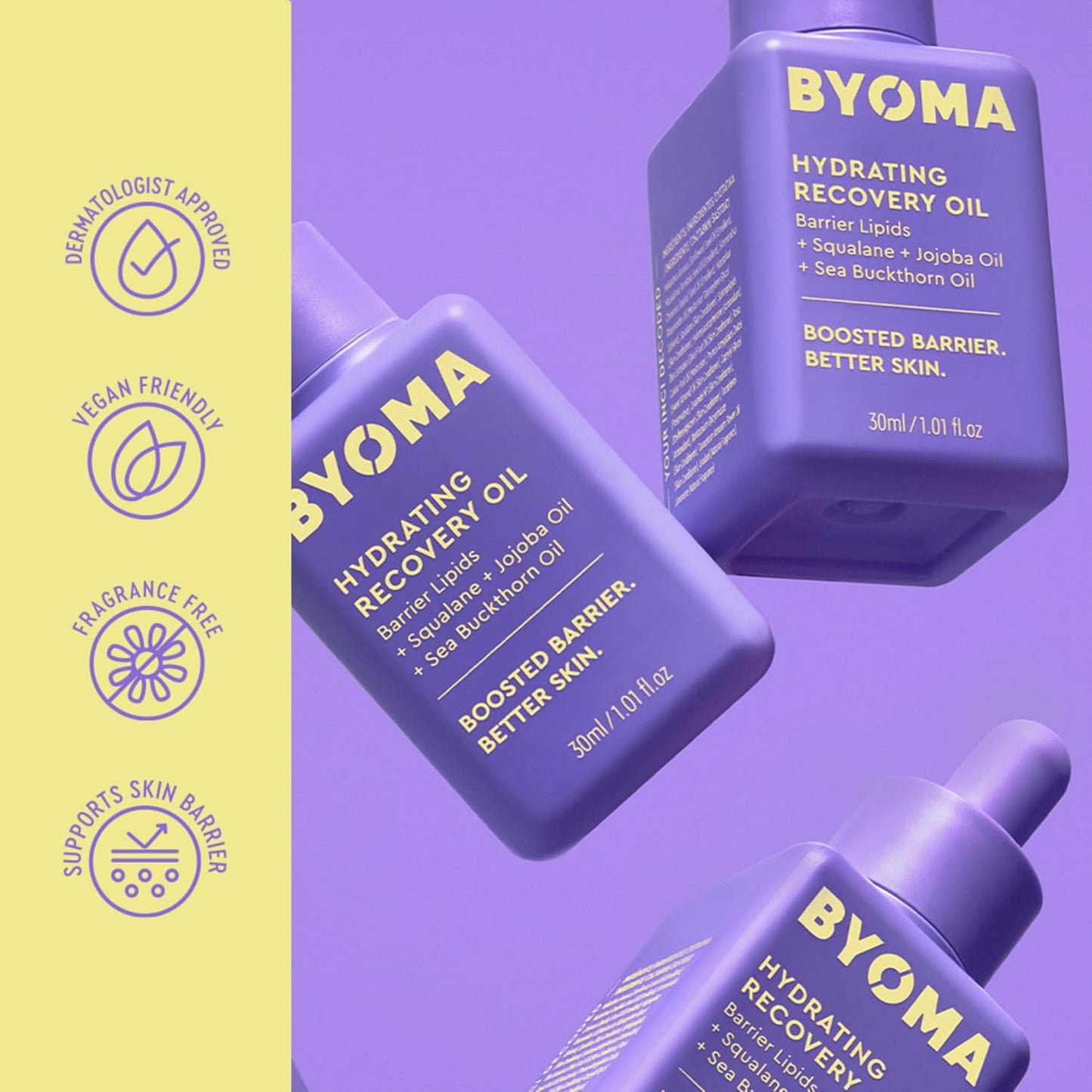 BYOMA Aceite Hidratante de Recuperación - Aceite Facial de Lujo con Escualano, Aceite de Jojoba y Aceite de Espino Amarillo - Piel Instantáneamente Radiante y Luminosa - Aceite Facial Reparador de