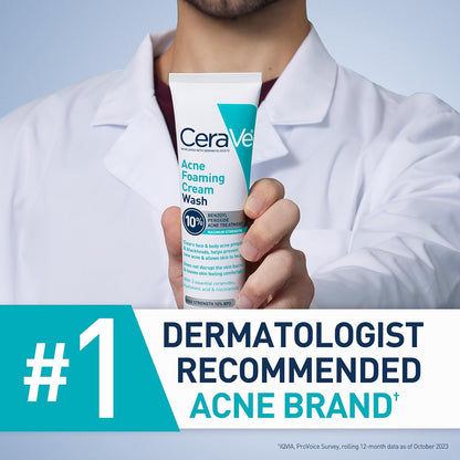 CeraVe Crema Espumosa Limpiadora para el Acné, Limpiador Suave para Rostro y Cuerpo con Peróxido de Benzoilo al 10%, Ácido Hialurónico y Niacinamida, Tratamiento con Peróxido de Benzoilo al 10% que