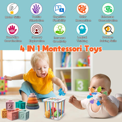 Juguetes Montessori para Bebés - Mordedor de Cuerda, Bloques Apilables, Contenedor de Formas Sensoriales, Diversión para la Hora del Baño Infantil, Juguetes 4 en 1 para Niños y Niñas