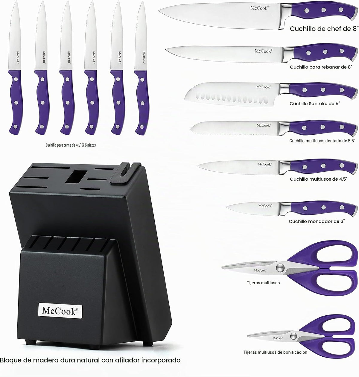 McCook FDA Juego de cuchillos de cocina de acero inoxidable con blo...