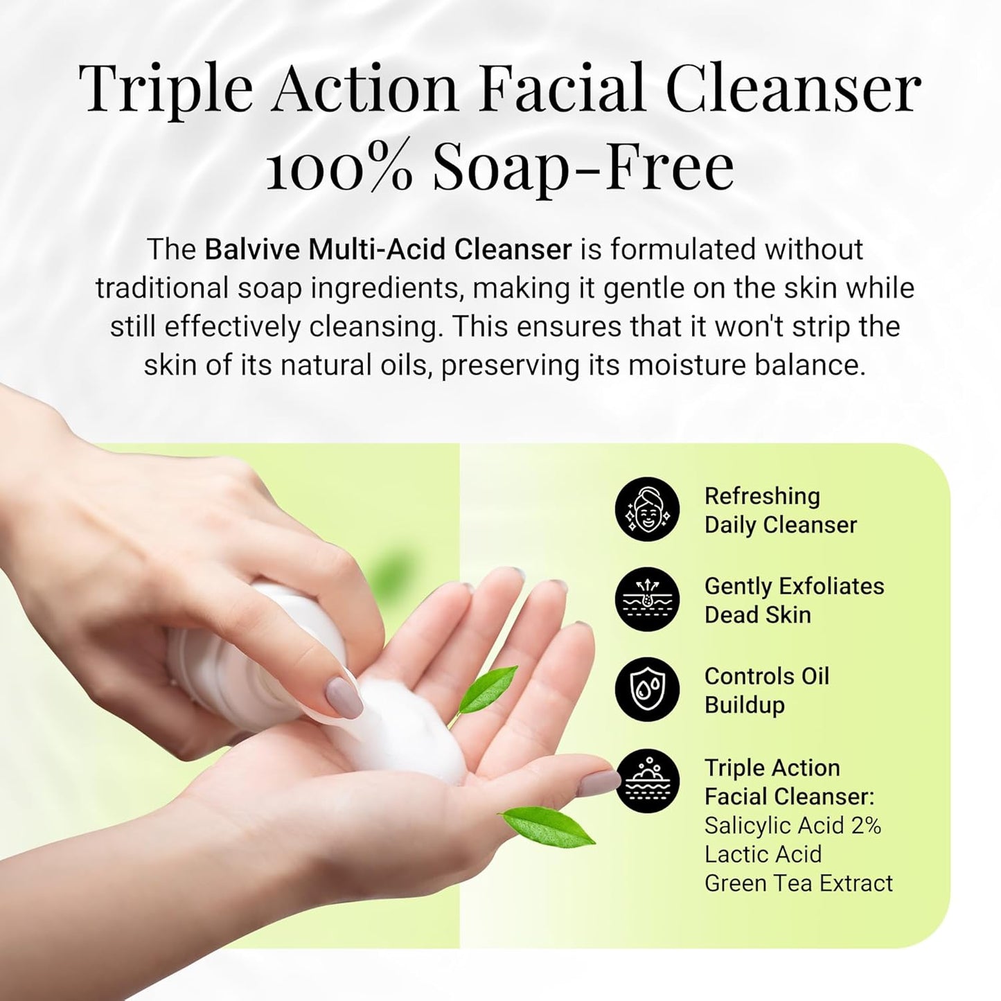 Limpiador facial espumoso con ácido salicílico, ácido glicólico, ácido láctico y extracto de té verde, lavado facial para acné, piel grasa y sensible, removedor de maquillaje y cuidado de la