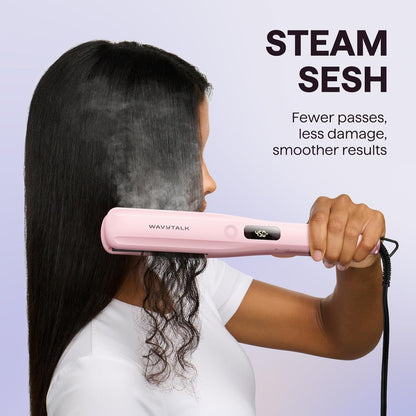 Wavytalk Plancha de pelo a vapor, sesión de vapor, reduce el daño, nutre el cabello y acelera el alisado, plancha plana de titanio nano de 1.38'' con peine desmontable para alisado sedoso, Rosa Sakura