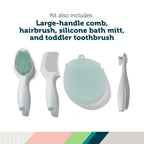 Safety 1st Kit de primer día de spa para bebé, lima de uñas eléctrica, guante de baño suave, cepillo de dientes para niños, cepillo de pelo y peine, juego de aseo infantil