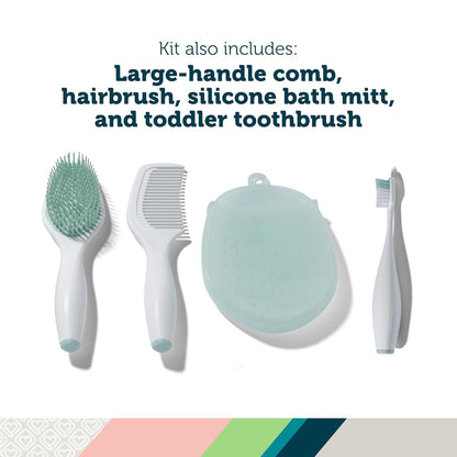 Safety 1st Kit de primer día de spa para bebé, lima de uñas eléctrica, guante de baño suave, cepillo de dientes para niños, cepillo de pelo y peine, juego de aseo infantil