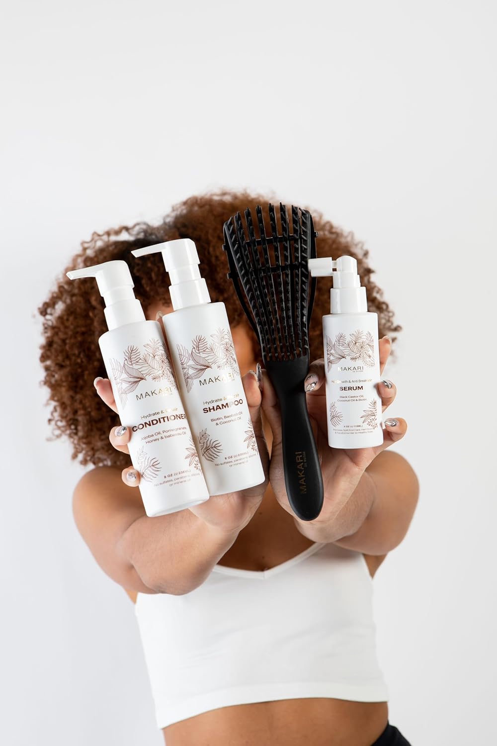 Makari Set de cuidado del cabello con champú, acondicionador, suero y cepillo | Biotina, aceite de ricino negro, jojoba y miel | Hidrata, fortalece y mejora el brillo | Sin sulfato, parabenos ni