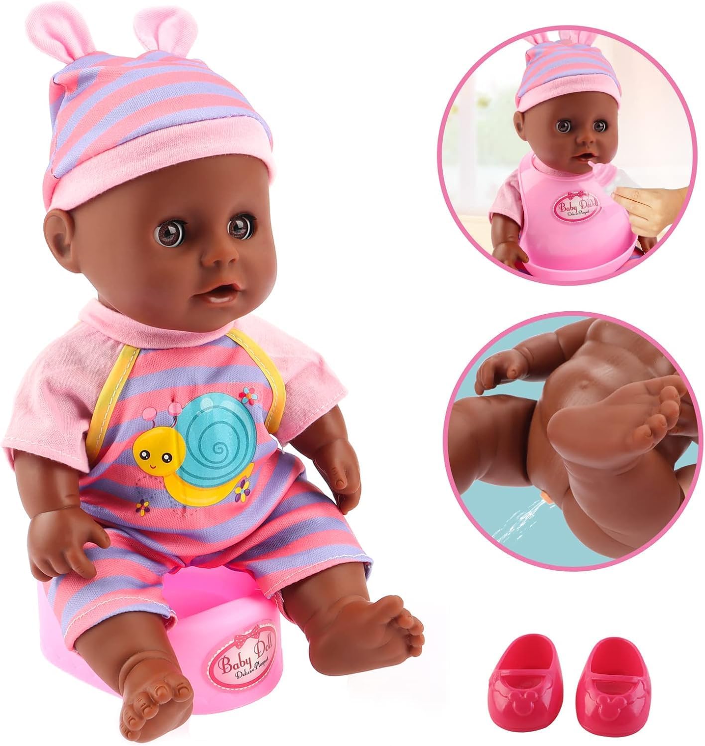 deAO Conjunto de Muñeca Bebé Negra - Móvil, Silla Alta, Cochecito y...