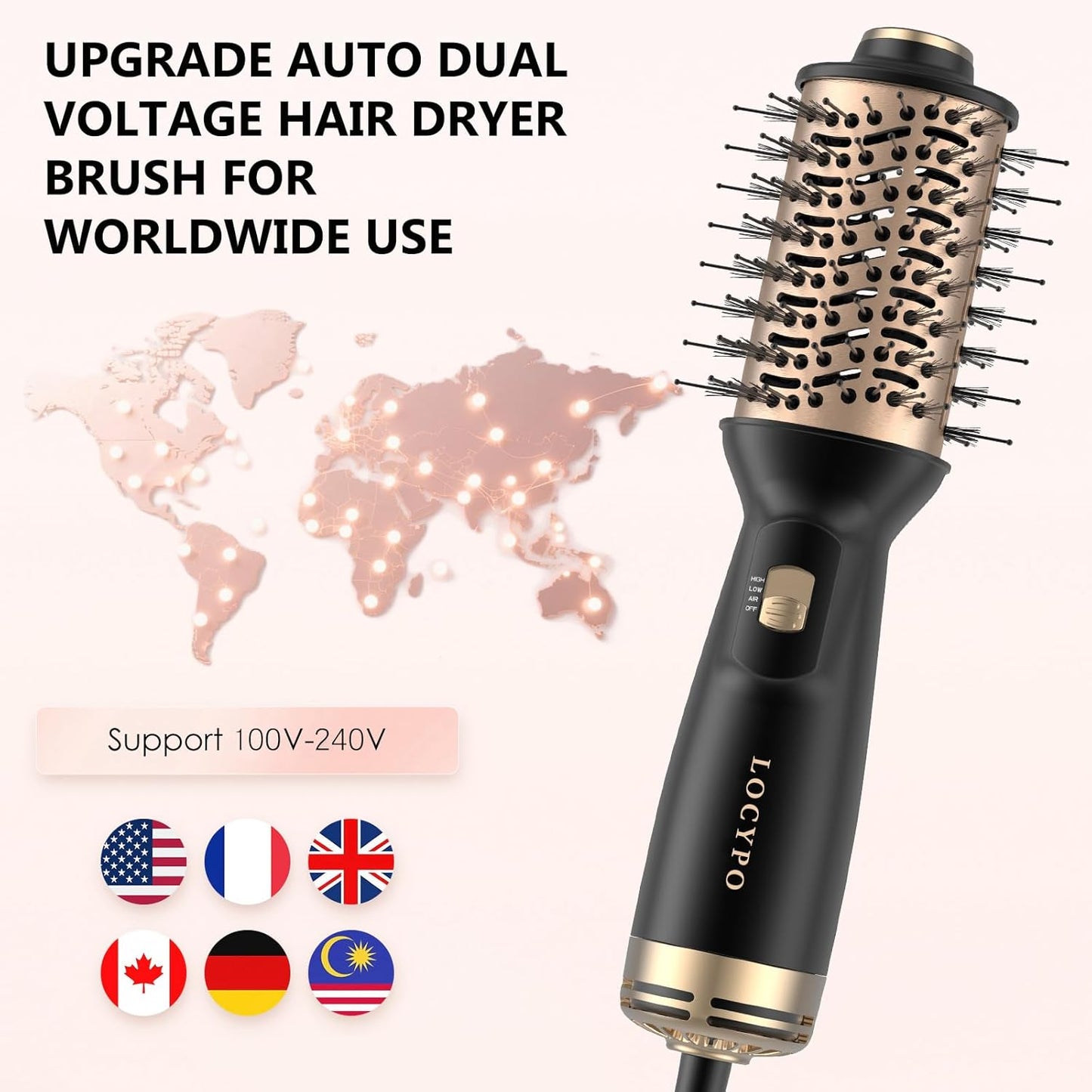Cepillo secador de pelo de viaje, 4 en 1 automático de doble voltaje (100-240 V), cepillo de aire caliente de 2 pulgadas, mini cepillo secador de pelo y estilizador para cabello suave y voluminoso