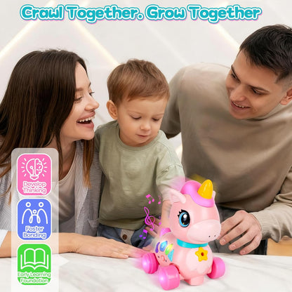 Juguete de unicornio para bebés de 6 a 12 a 18 meses con música y luces, explora la educación bilingüe para el desarrollo sensorial de los niños pequeños, aprender a caminar, moverse, gatear, para el tiempo de la barriga, juguetes de Navidad, regalos de c