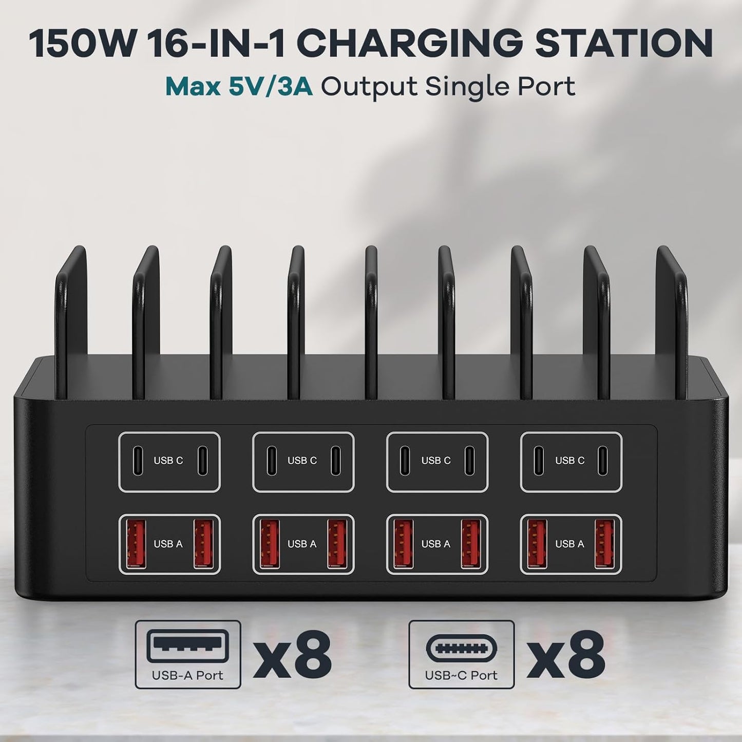 Estación de carga de 150W/35A para múltiples dispositivos, RUANSZZ Estación de carga rápida de 16 puertos USB-C, Organizador de carga múltiple compatible con teléfono celular, iPad, Kindle, tableta y