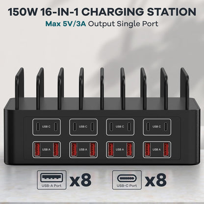 Estación de carga de 150W/35A para múltiples dispositivos, RUANSZZ Estación de carga rápida de 16 puertos USB-C, Organizador de carga múltiple compatible con teléfono celular, iPad, Kindle, tableta y