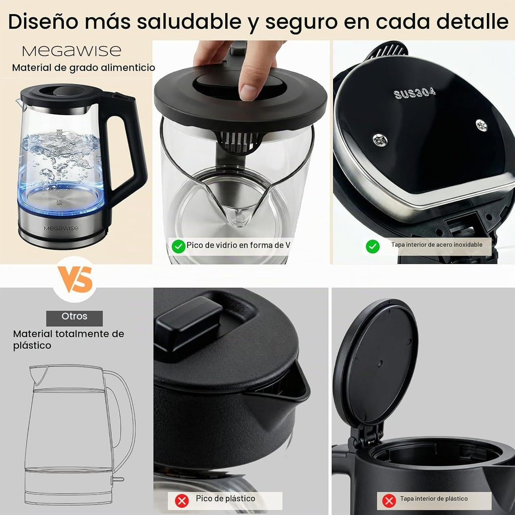 MEGAWISE 2L Hervidor eléctrico de cristal, caldera de agua de 1000W...