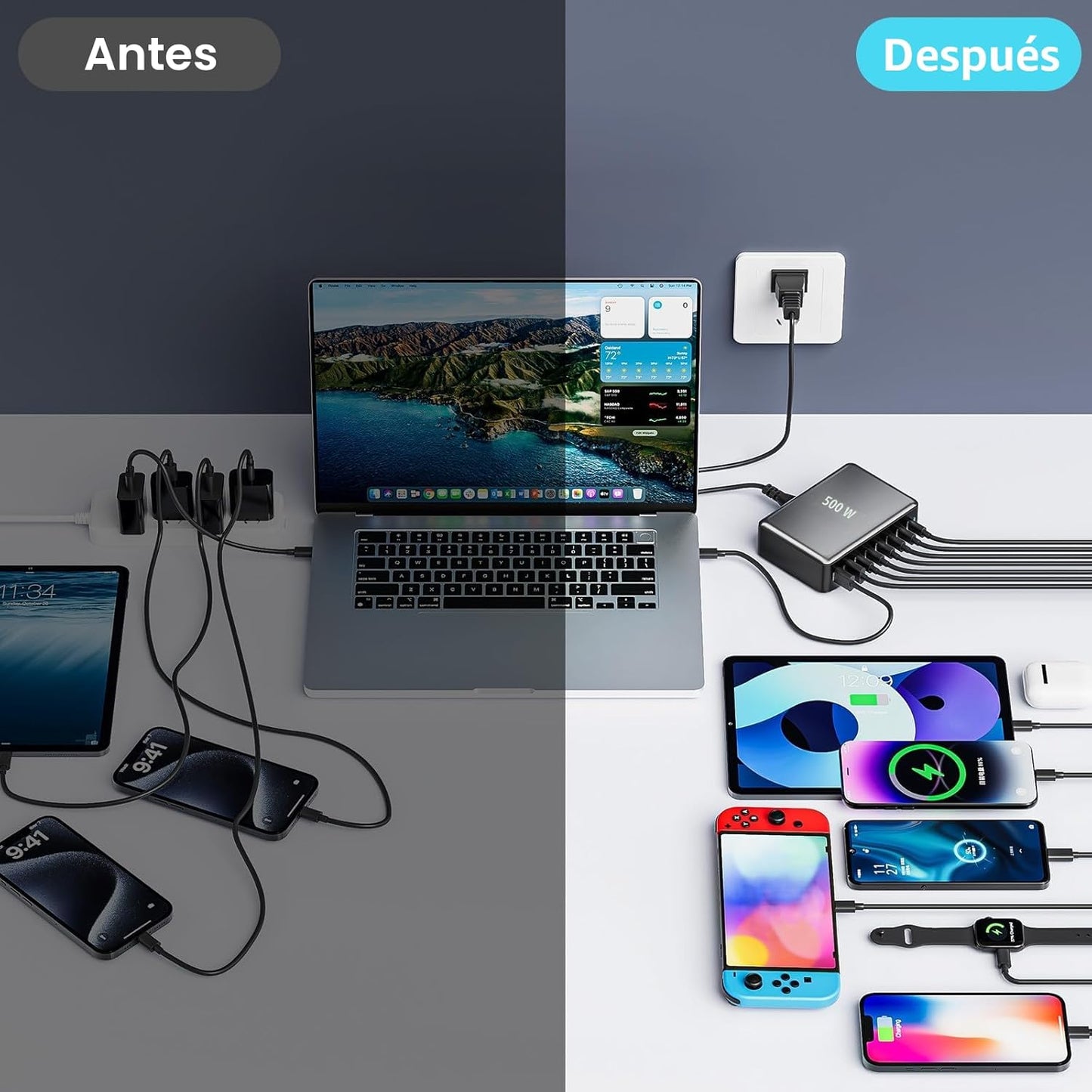 Bloque de carga rápida USB C de 500 W, estación de carga USB multip...